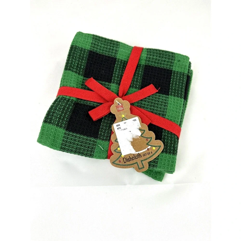 HOMEWEAR Green Black Check Buffalo Plaid Dishcloths Cotton Cabin/Lodge Set of 4